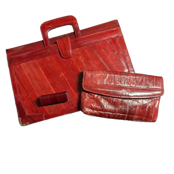Eel Skin Leather Set Briefcase Attache Portfolio Purse Lipstick Holder Vintage